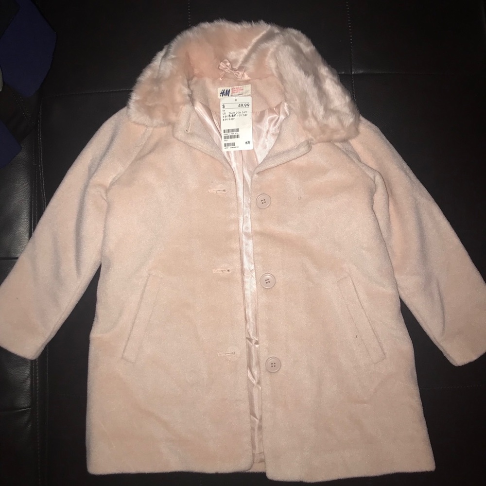 H&M Powder Pink Girls Coat with Faux Fur